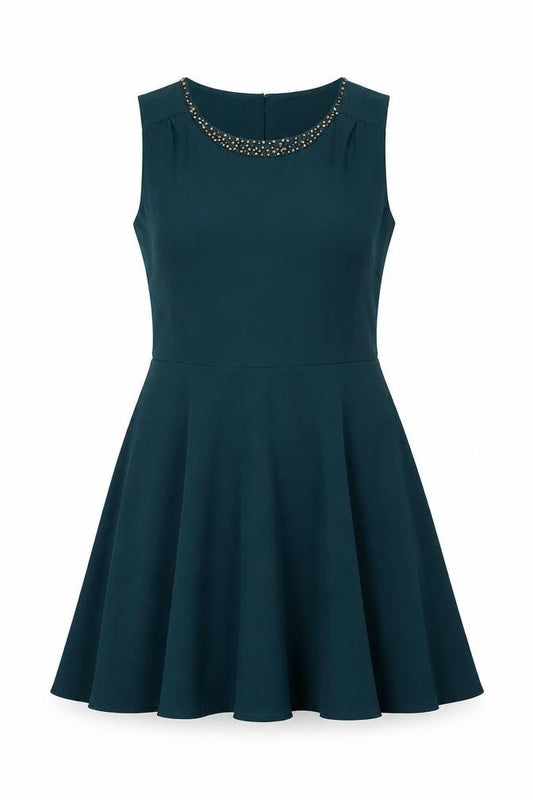 Oasis Womens Green Polyester Fit & Flare Size 14 Round Neck Zip - Open Back Detail Beading