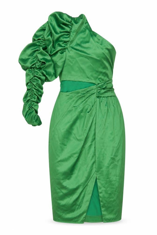 Boohoo Womens Green Polyester Pencil Dress Size 10 One Shoulder Zip - Rouched Sleeve