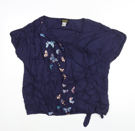 Ambria Womens Blue Viscose Basic Blouse Size 18 Round Neck - Butterfly Print Tie Detail