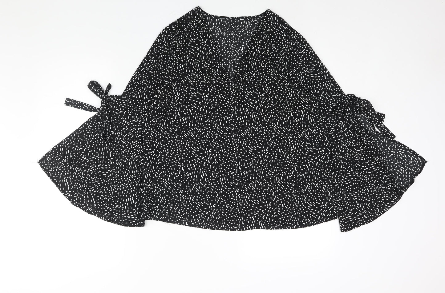 Debenhams Womens Black Geometric Polyester Basic Blouse Size 12 V-Neck - Bell Sleeve Bow Detail