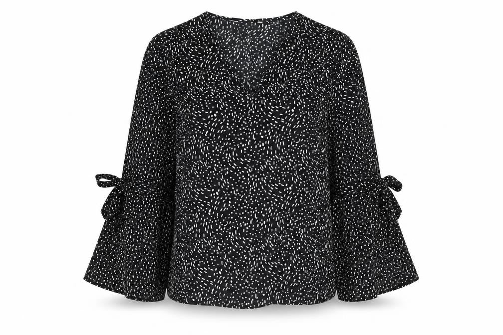 Debenhams Womens Black Geometric Polyester Basic Blouse Size 12 V-Neck - Bell Sleeve Bow Detail