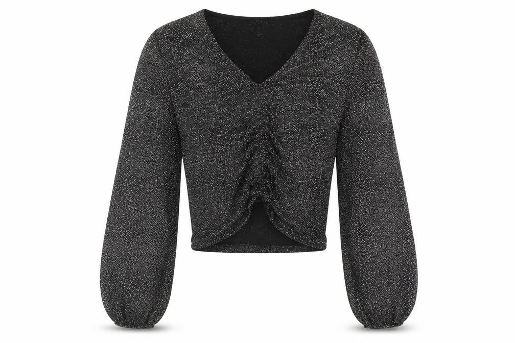 New Look Womens Black Nylon Basic Blouse Size 10 V-Neck - Drawstring Detail Glitter