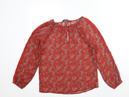 Marks & Spencer Womens Red Floral Polyester Basic Blouse Size 6 Round Neck - Semi Sheer Keyhole Neck