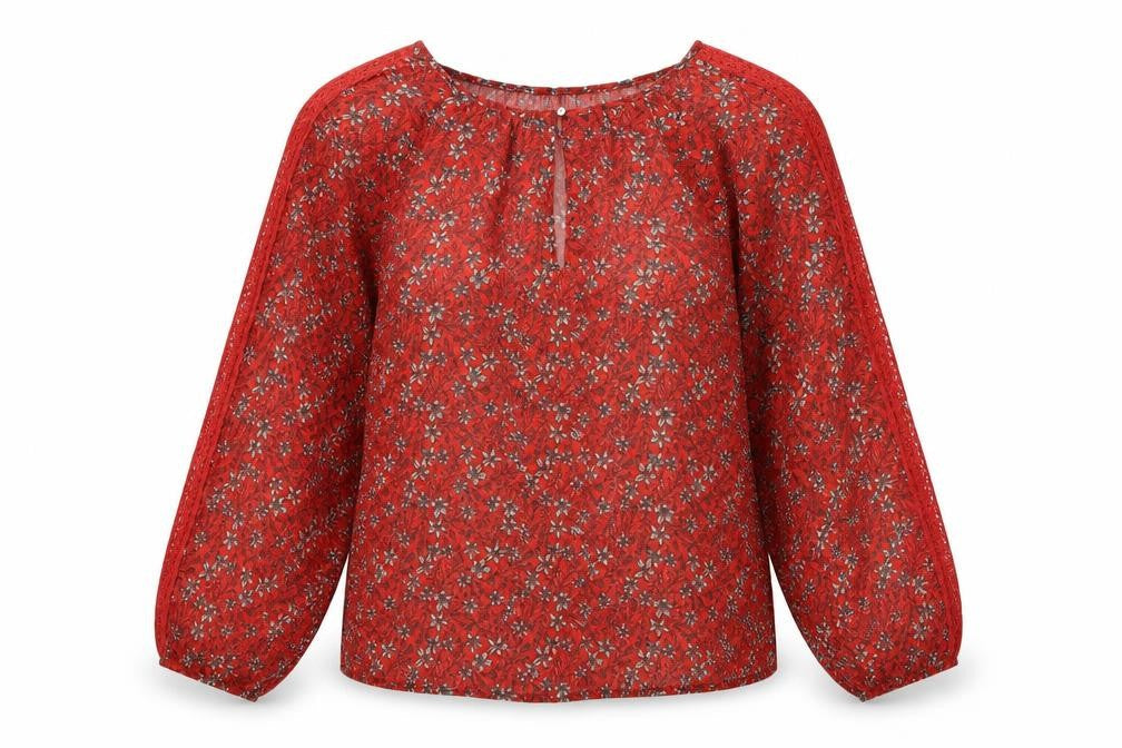 Marks & Spencer Womens Red Floral Polyester Basic Blouse Size 6 Round Neck - Semi Sheer Keyhole Neck