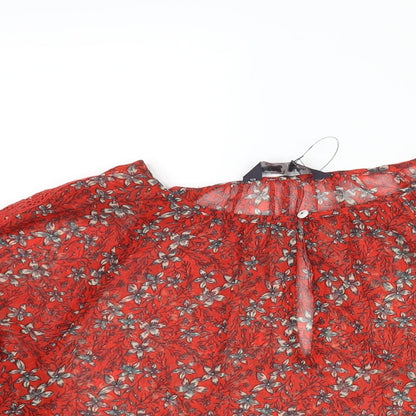 Marks & Spencer Womens Red Floral Polyester Basic Blouse Size 6 Round Neck - Semi Sheer Keyhole Neck
