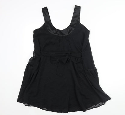 Back view of Miss Selfridge women’s black polyester shift, size UK 12, scoop neck pullover - belted pockets