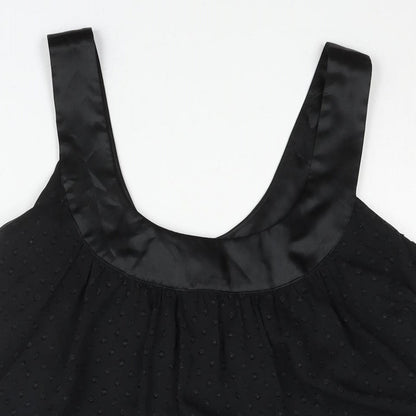 Close-up detail of Miss Selfridge women’s black polyester shift, size UK 12, scoop neck pullover - belted pockets