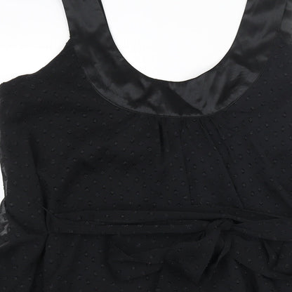 Brand and care label for Miss Selfridge women’s black polyester shift, size UK 12, scoop neck pullover - belted pockets