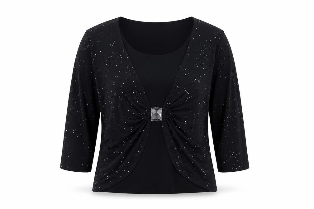 Saloos Womens Black Polyester Basic Blouse Size L Round Neck - Sequin Rhinestone Clasp Detail