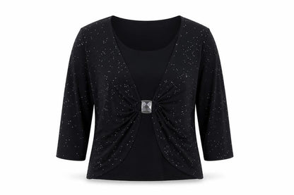Saloos Womens Black Polyester Basic Blouse Size L Round Neck - Sequin Rhinestone Clasp Detail
