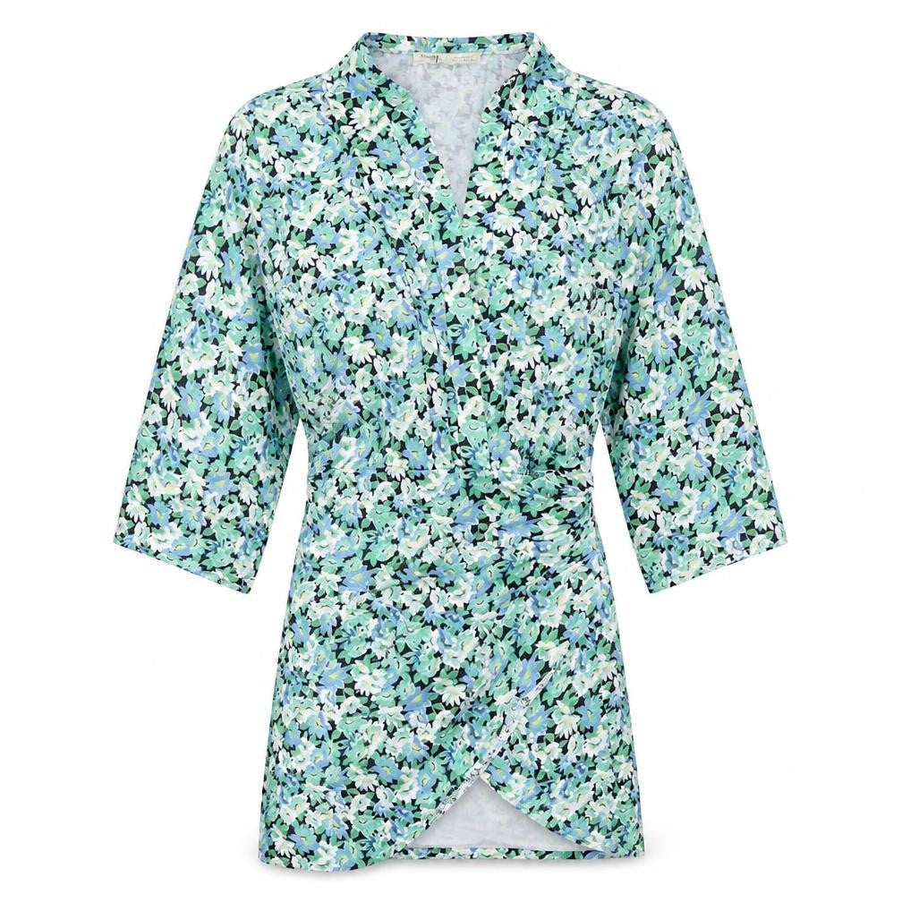 Pull&Bear Womens Green Floral Polyester Basic Blouse Size XS V-Neck - Wrap Style