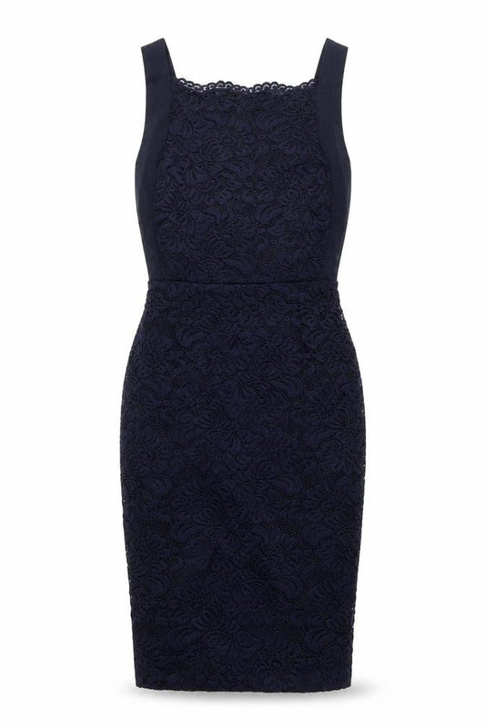 Vesper Womens Blue Viscose Pencil Dress Size 10 Square Neck Zip - Lace Panel