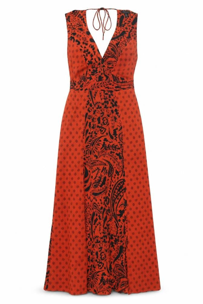 Topshop Womens Red Geometric Polyester Maxi Size 10 V-Neck Zip - Front Slits Panelled