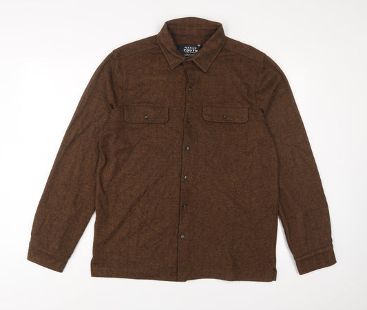 Native Youth Mens Brown Polyester Button-Up Size L Collared Button
