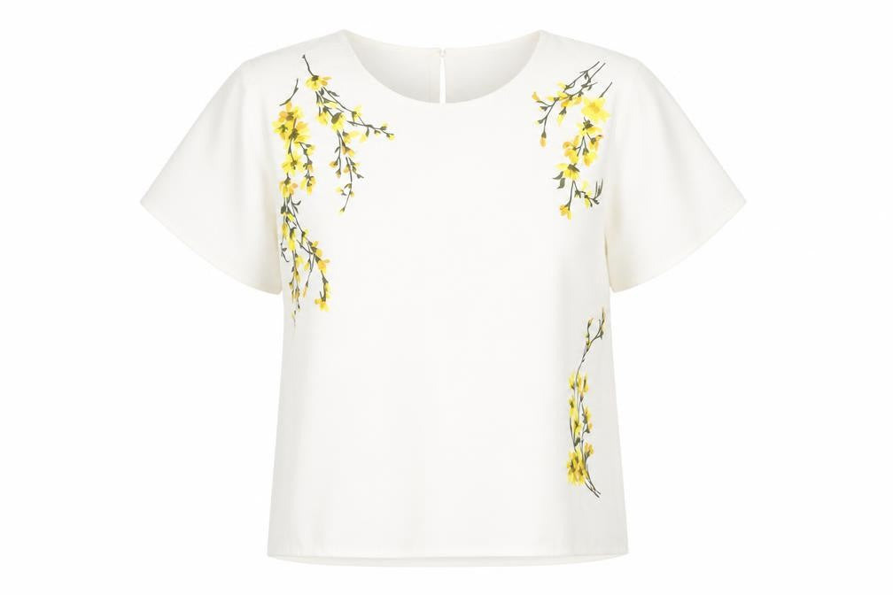 Warehouse Womens White Floral Polyester Basic T-Shirt Size 12 Crew Neck - Embroidered