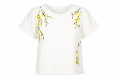 Warehouse Womens White Floral Polyester Basic T-Shirt Size 12 Crew Neck - Embroidered