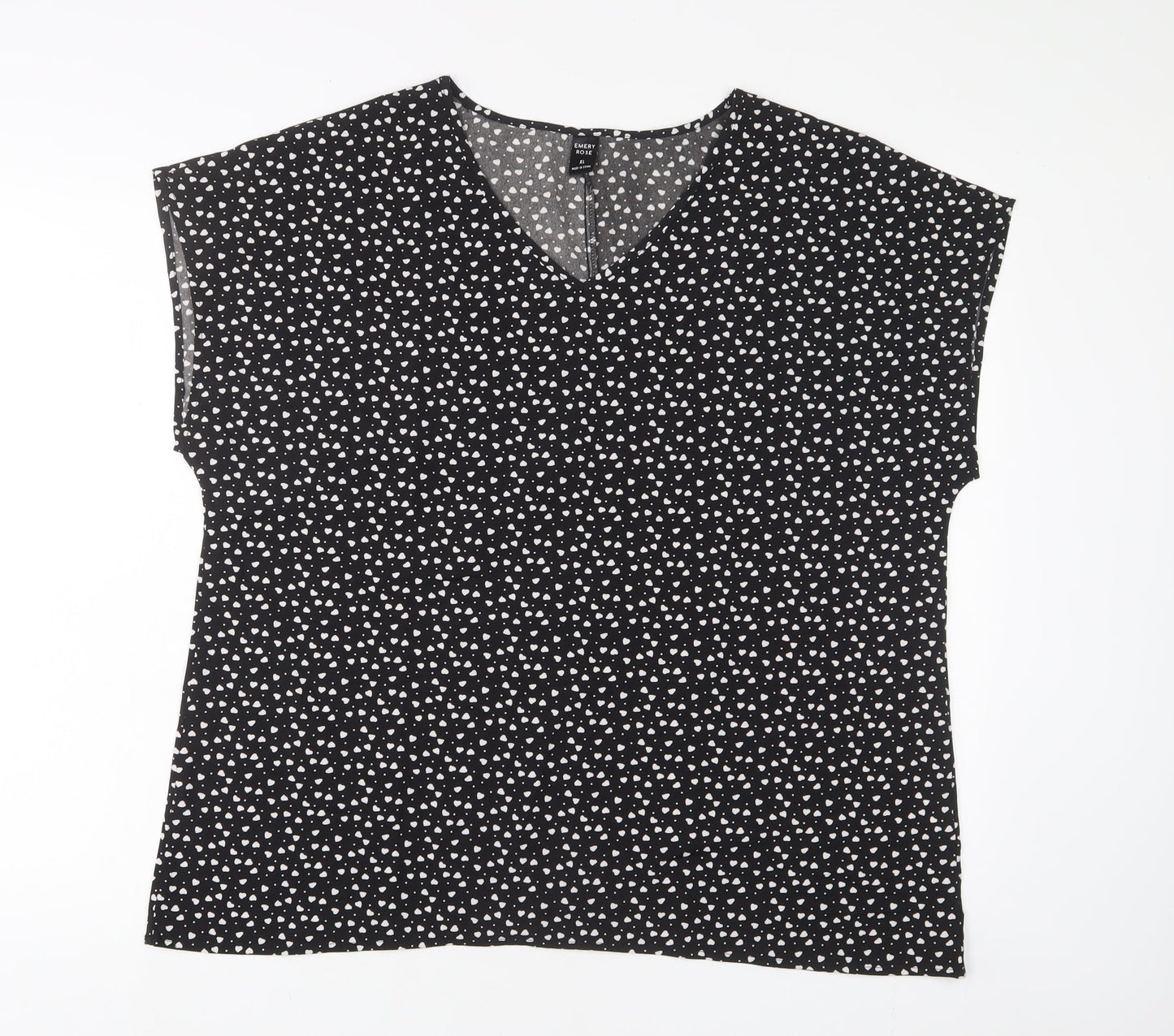 EMERY ROSE Womens Black Geometric Polyester Basic T-Shirt Size XL V-Neck - Hearts
