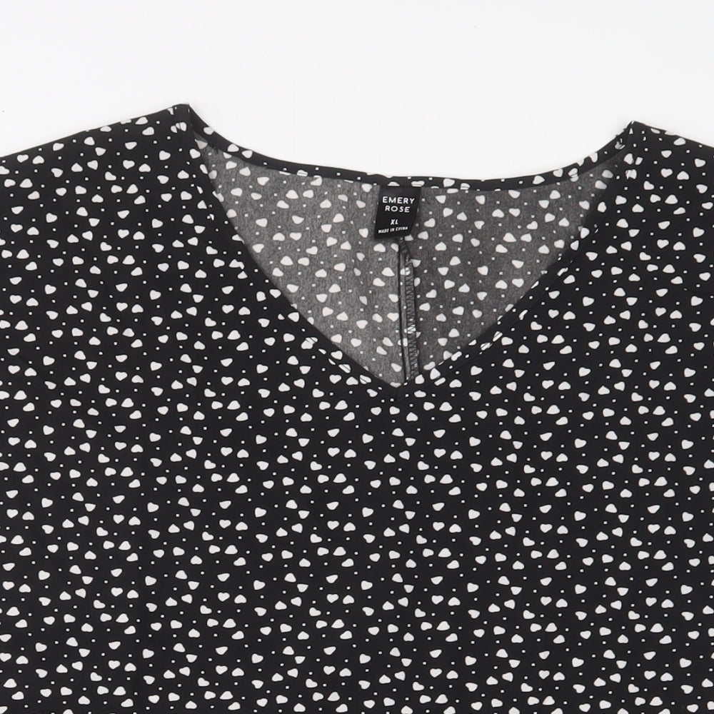 EMERY ROSE Womens Black Geometric Polyester Basic T-Shirt Size XL V-Neck - Hearts