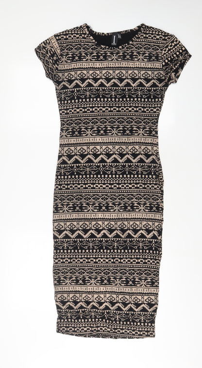 Additional front view of izabel London women’s black geometric viscose bodycon, size UK 10, roll neck pullover