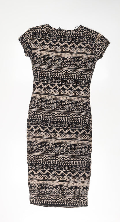 Back view of izabel London women’s black geometric viscose bodycon, size UK 10, roll neck pullover