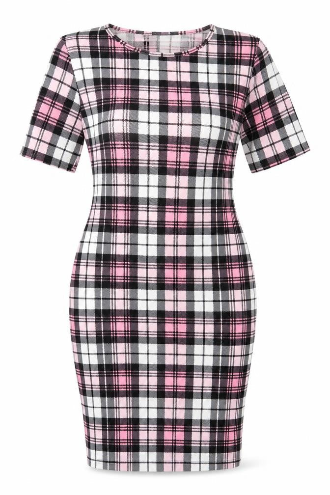 KAAYA Womens Pink Plaid Polyester Bodycon Size 16 Crew Neck Pullover