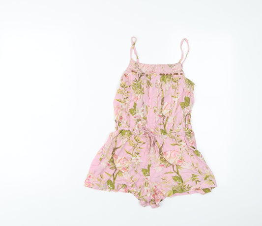 NEXT Girls Pink Floral Viscose Playsuit One-Piece Size 7 Years Pullover - Sequins