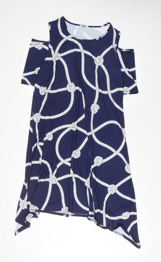 Tiletts Womens Blue Geometric Polyester A-Line Size M V-Neck Pullover