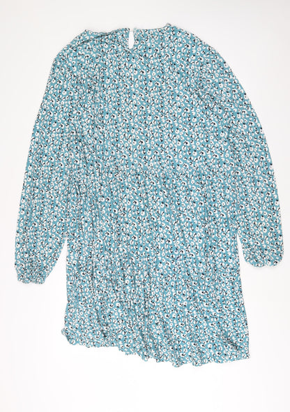Pebble Bay Womens Blue Geometric Polyester A-Line Size 18 Crew Neck Button
