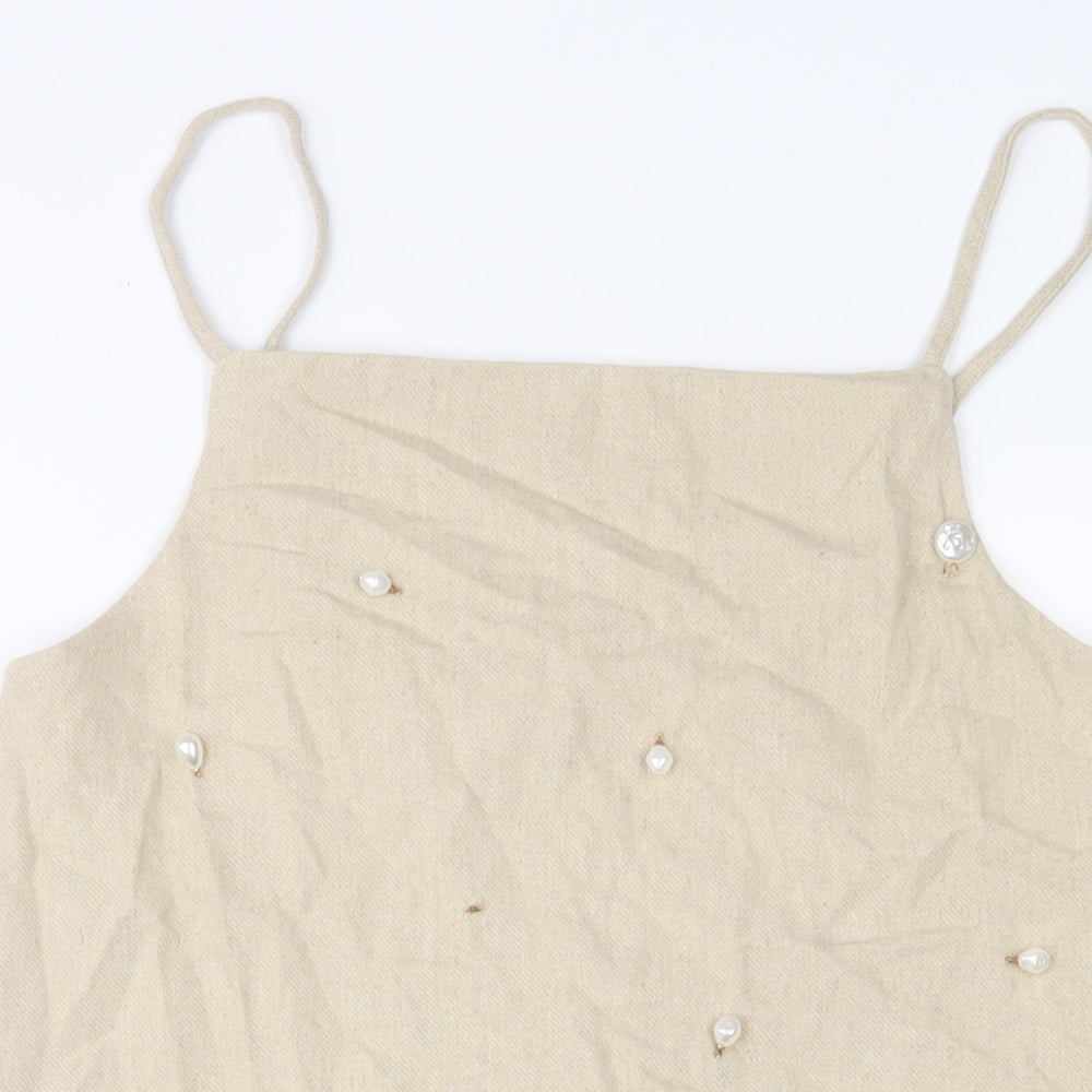 Zara Womens Beige Linen A-Line Size S Square Neck Pullover - Beaded
