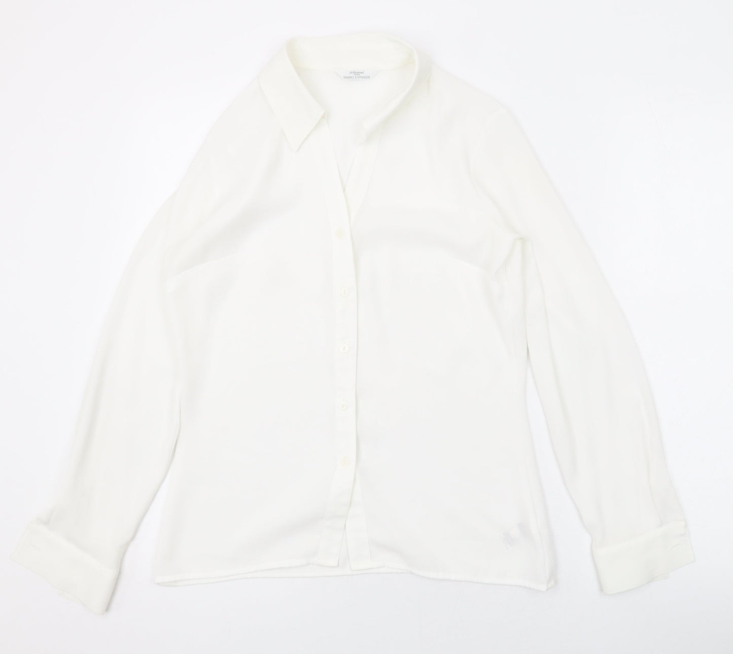 Marks and Spencer Womens White Polyester Basic Button-Up Size 8 Collared