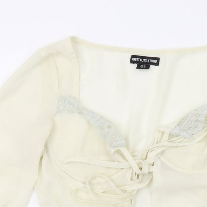 PRETTYLITTLETHING Womens Ivory Polyester Basic Blouse Size 8 V-Neck