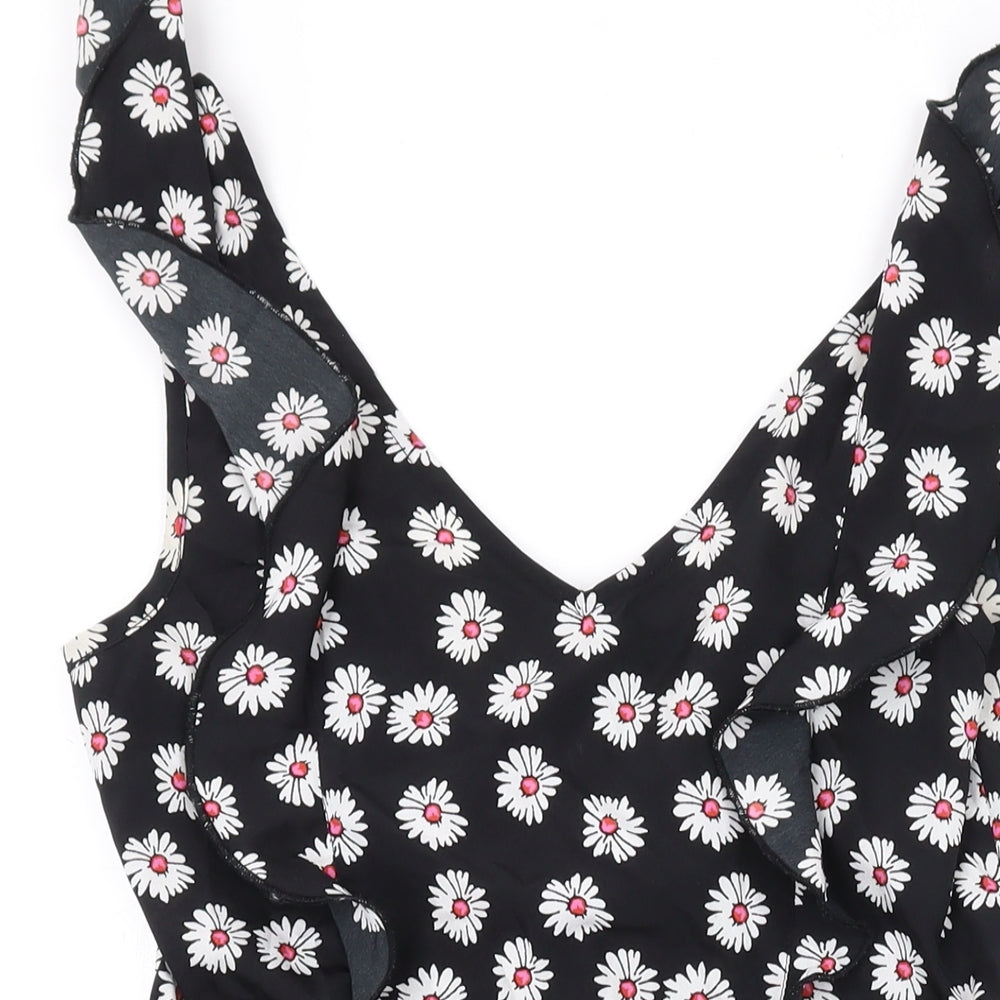 Heart & Soul Womens Black Floral Polyester A-Line Size 8 V-Neck Zip