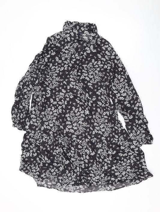 Marks and Spencer Womens Black Floral Viscose A-Line Size 12 Collared Button