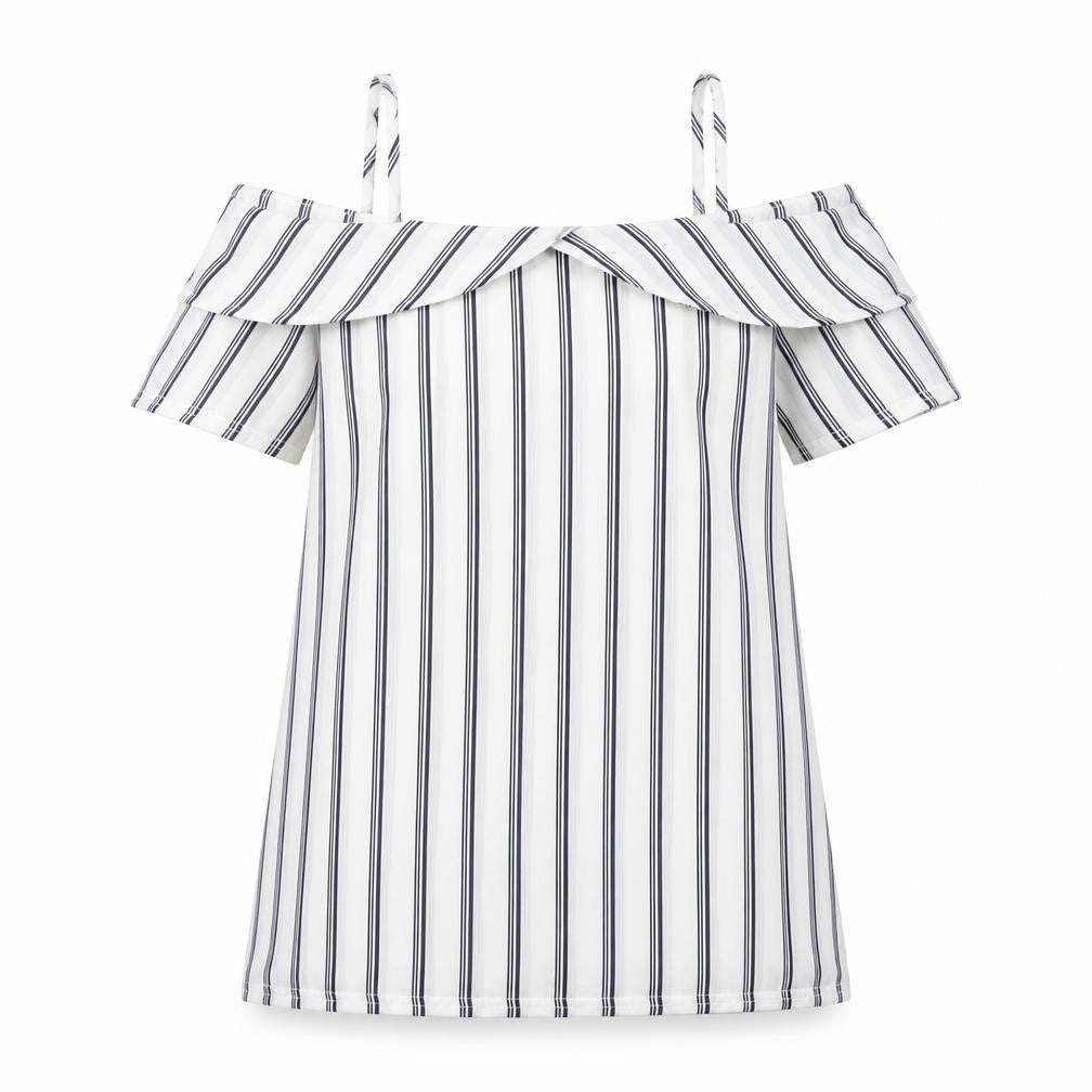 Quiz Womens White Striped Polyester Basic Blouse Size 10 Off the Shoulder