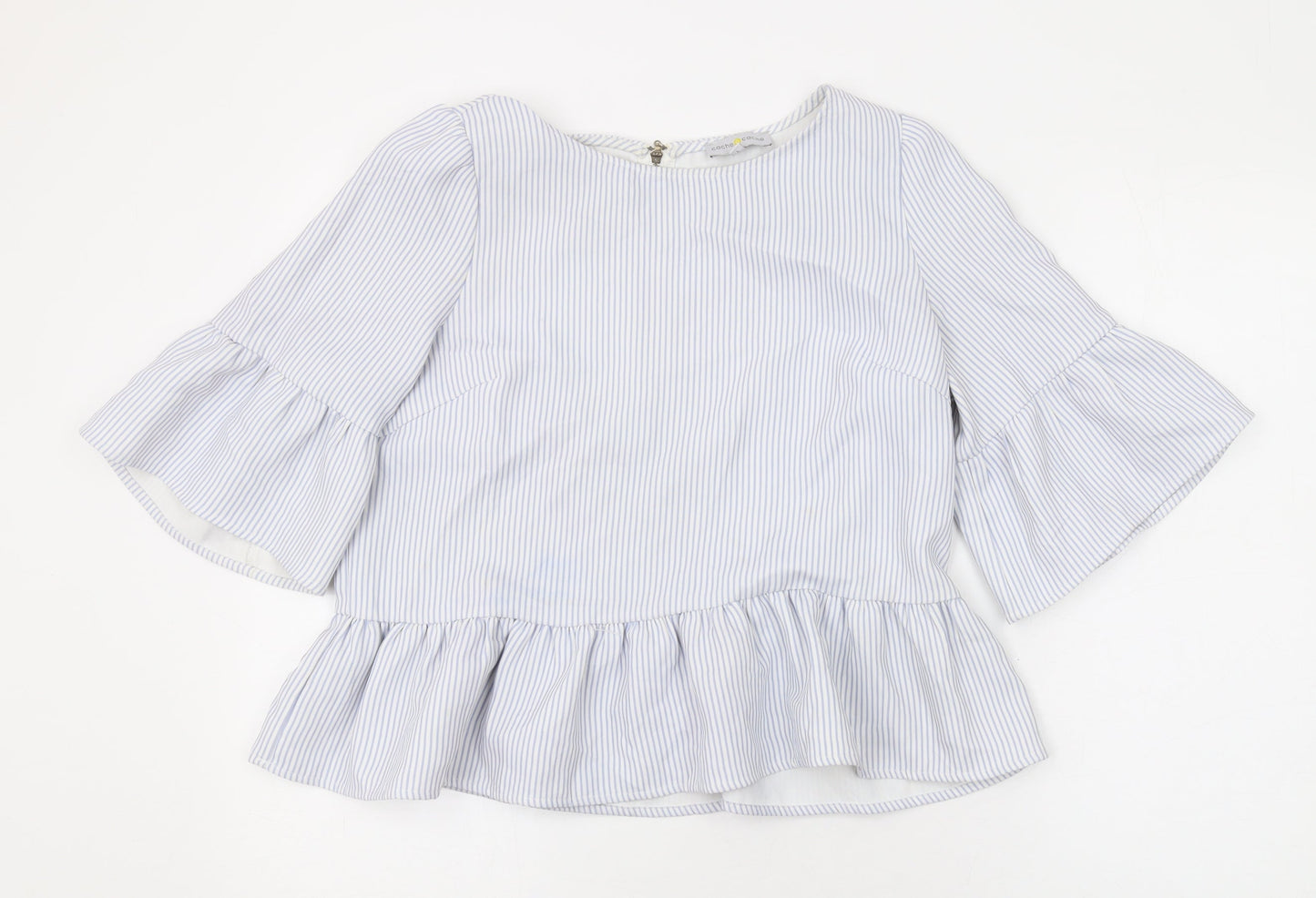 Cache Cache Womens Blue Striped Polyester Basic Blouse Size M Round Neck