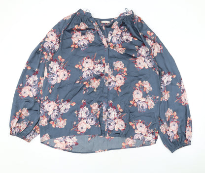 Marks & Spencer Womens Blue Floral Polyester Basic Button-Up Size 16 V-Neck