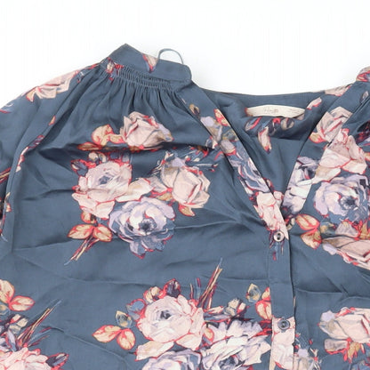 Marks & Spencer Womens Blue Floral Polyester Basic Button-Up Size 16 V-Neck