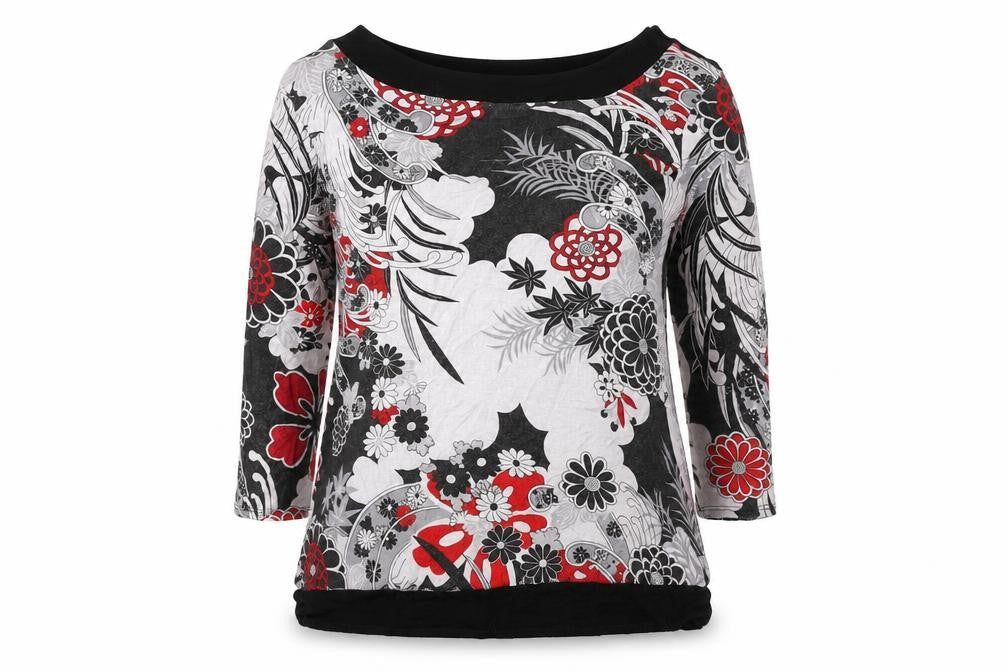 CMD Womens Grey Floral Viscose Basic Blouse Size M Boat Neck