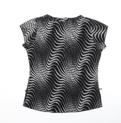 Back view of Alexara women’s black geometric polyester basic t-shirt, size UK 16, scoop neck