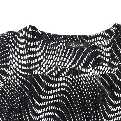 Close-up detail of Alexara women’s black geometric polyester basic t-shirt, size UK 16, scoop neck