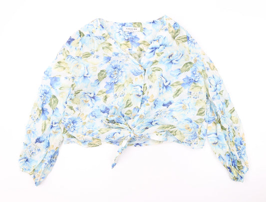 Forever New Womens Blue Floral Polyester Cropped Button-Up Size 12 V-Neck