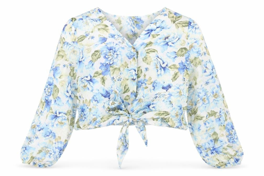 Forever New Womens Blue Floral Polyester Cropped Button-Up Size 12 V-Neck