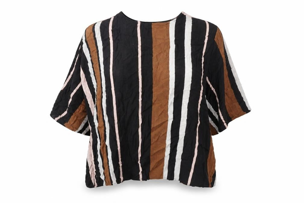 Zara Womens Brown Striped Viscose Basic Blouse Size L Round Neck
