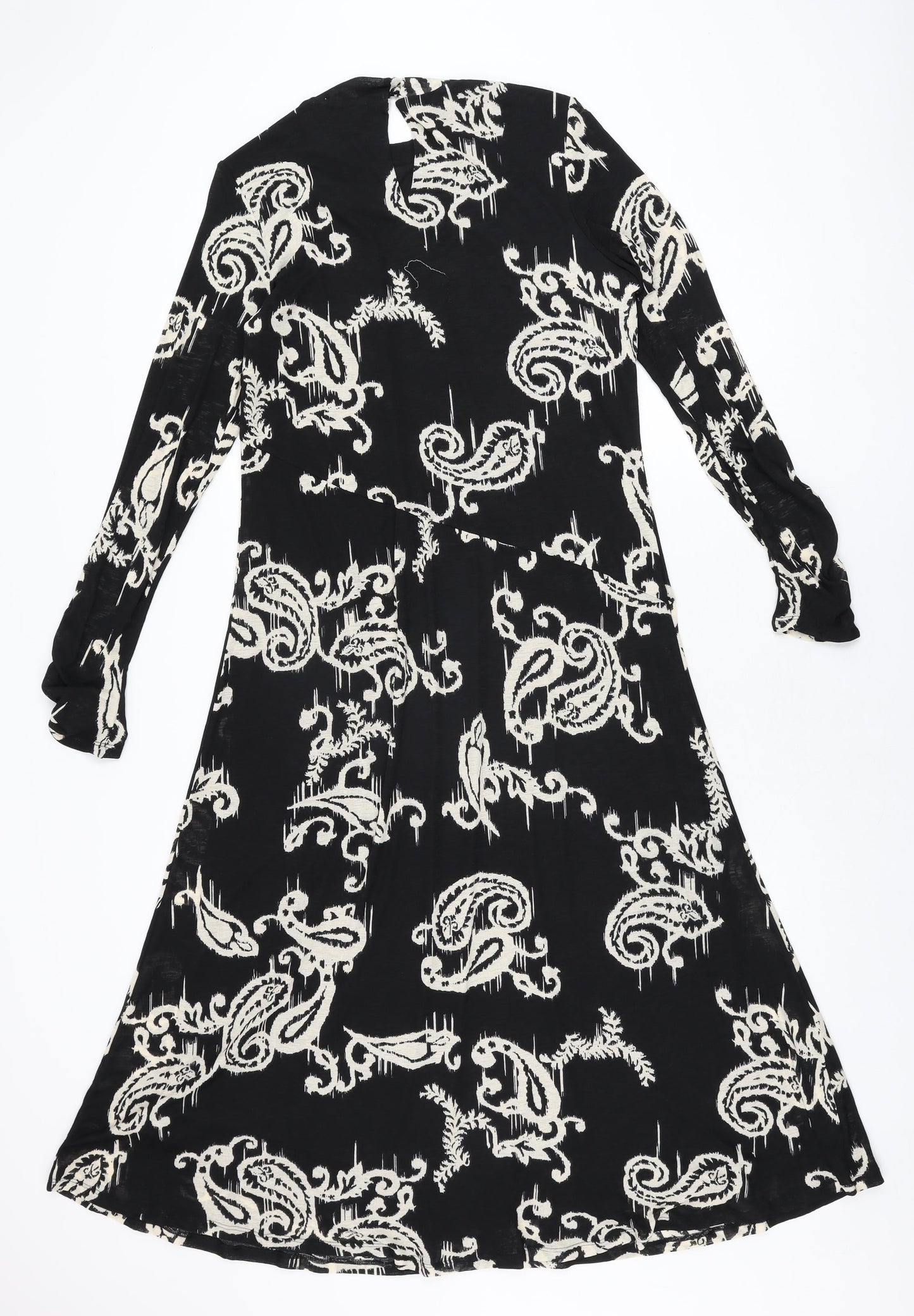 Marks and Spencer Womens Black Geometric Polyester A-Line Size 14 Round Neck Button