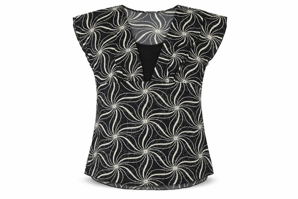Saloos Womens Black Geometric Polyester Basic T-Shirt Size S V-Neck