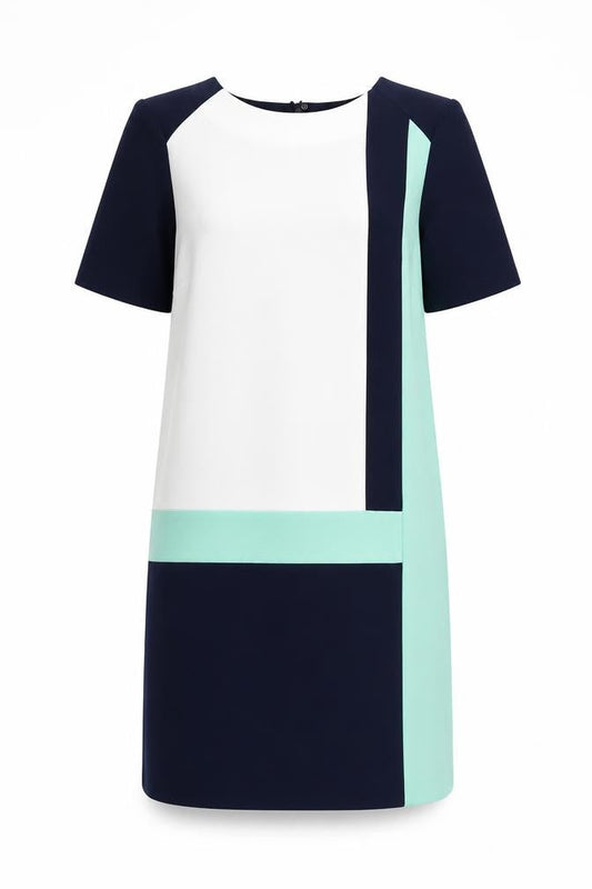 Marks & Spencer Womens Blue Geometric Polyester Shift Size 8 Round Neck Zip