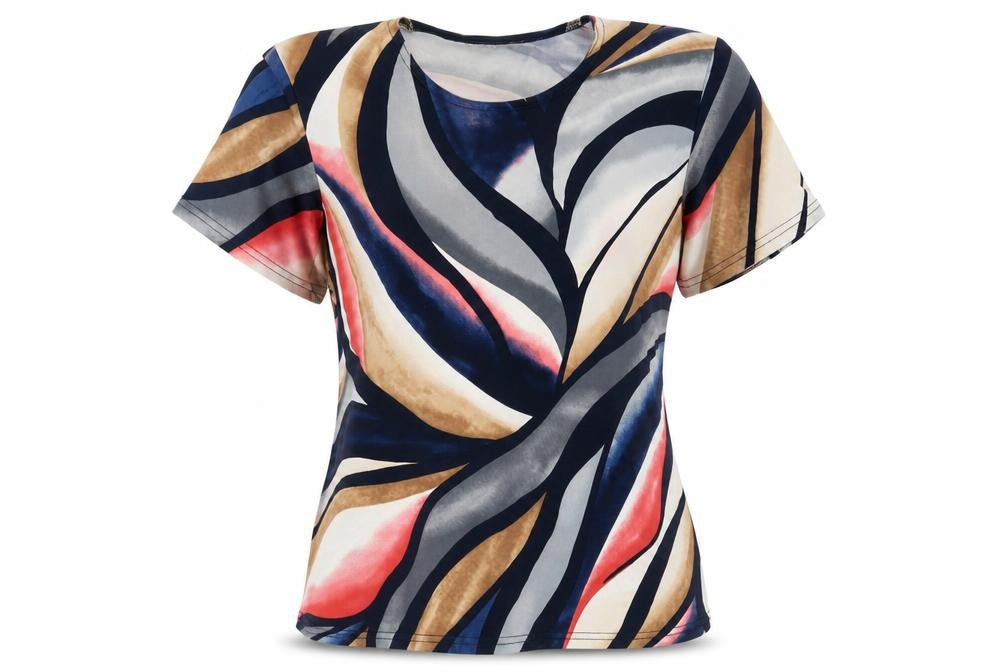 Anne Smith Womens Multicoloured Geometric Polyester Basic T-Shirt Size 16 Round Neck