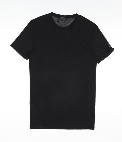 Back view of ASOS women’s black polyester basic t-shirt, size M, round neck - sheer