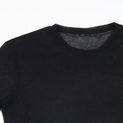 Close-up detail of ASOS women’s black polyester basic t-shirt, size M, round neck - sheer