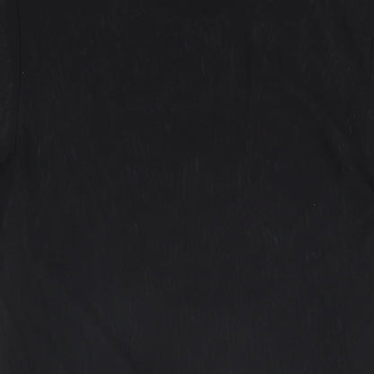 Brand and care label for ASOS women’s black polyester basic t-shirt, size M, round neck - sheer